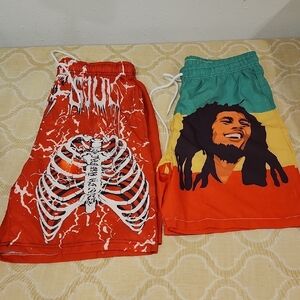 Colorful Graphic Bob Marley & Skeleton Shorts 2 Pair Sz. M